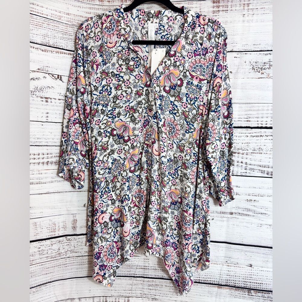 Grand and Greene Top womens Sz XL Blouse button up floral asymmetrical Boho New